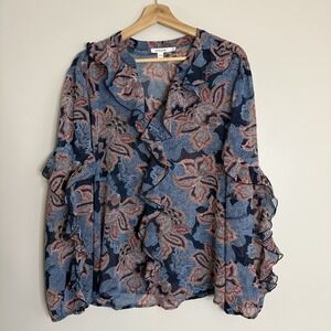 Chicos Navy Coral Floral Ruffle Sheer‎ Long Sleeve Blouse 14US Women's